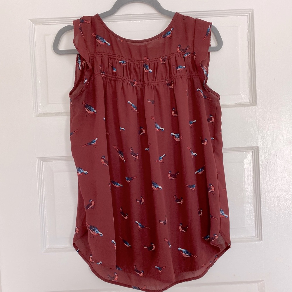 Loft Red Bird Print Flutter Sleeve Top